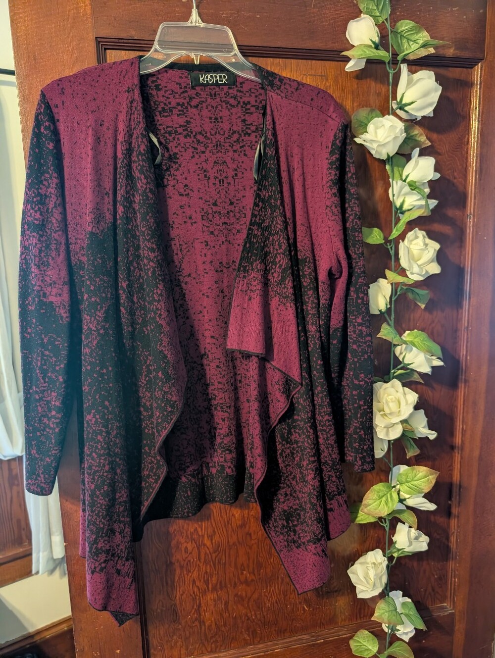 Kasper Burgundy & Black Draped Open-Front Cardigan Large